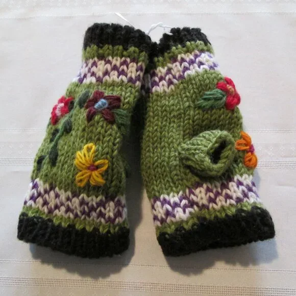 Handmade Embroidered Wool Fingerless Gloves – Made in Nepal - Picture 3 of 6